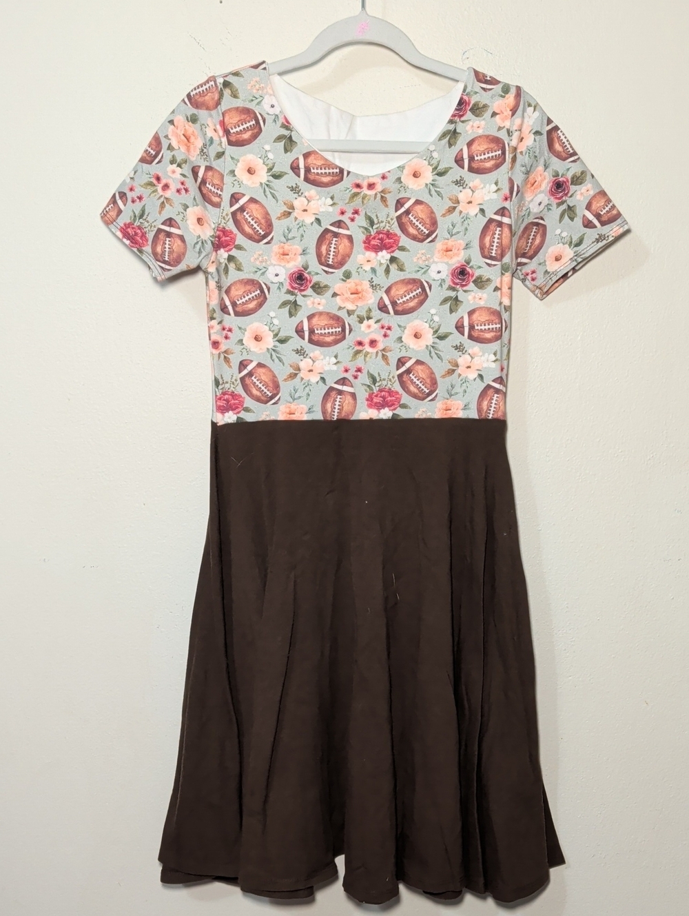 Malia + Kai Football and Flowers Twirl Dress Brown Green Pink Girls Size 10